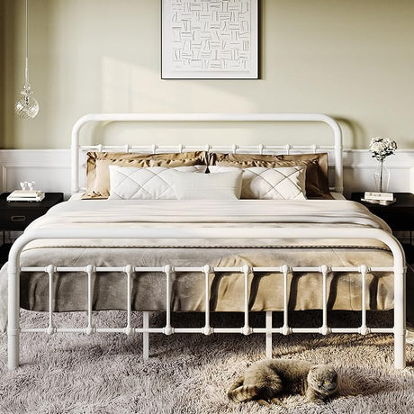 King Size Bed Frame Metal Platform Bed with Vintage Style Headboard and Footboard