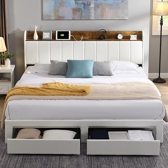 Upholstered Bed Frame Queen Size with Headboard, Platform Queen Bed Frame