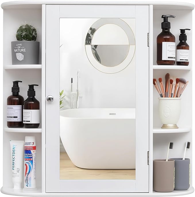 Bathroom Wall Cabinet with 1 Mirror Door, Wood Organize Cupboard with Adjustable Shelf