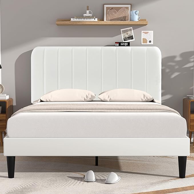 Queen Size Upholstered Bed Frame with Adjustable Headboard, Velvet Platform Bedframe