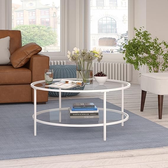 Sivil 36'' Wide Round Coffee Table with Glass Top in Brass