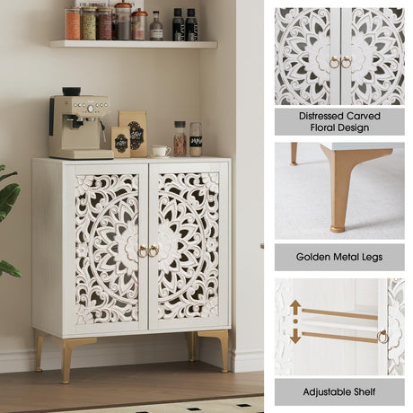 White Carved Wood Accent Cabinet with Gold Legs – Front View