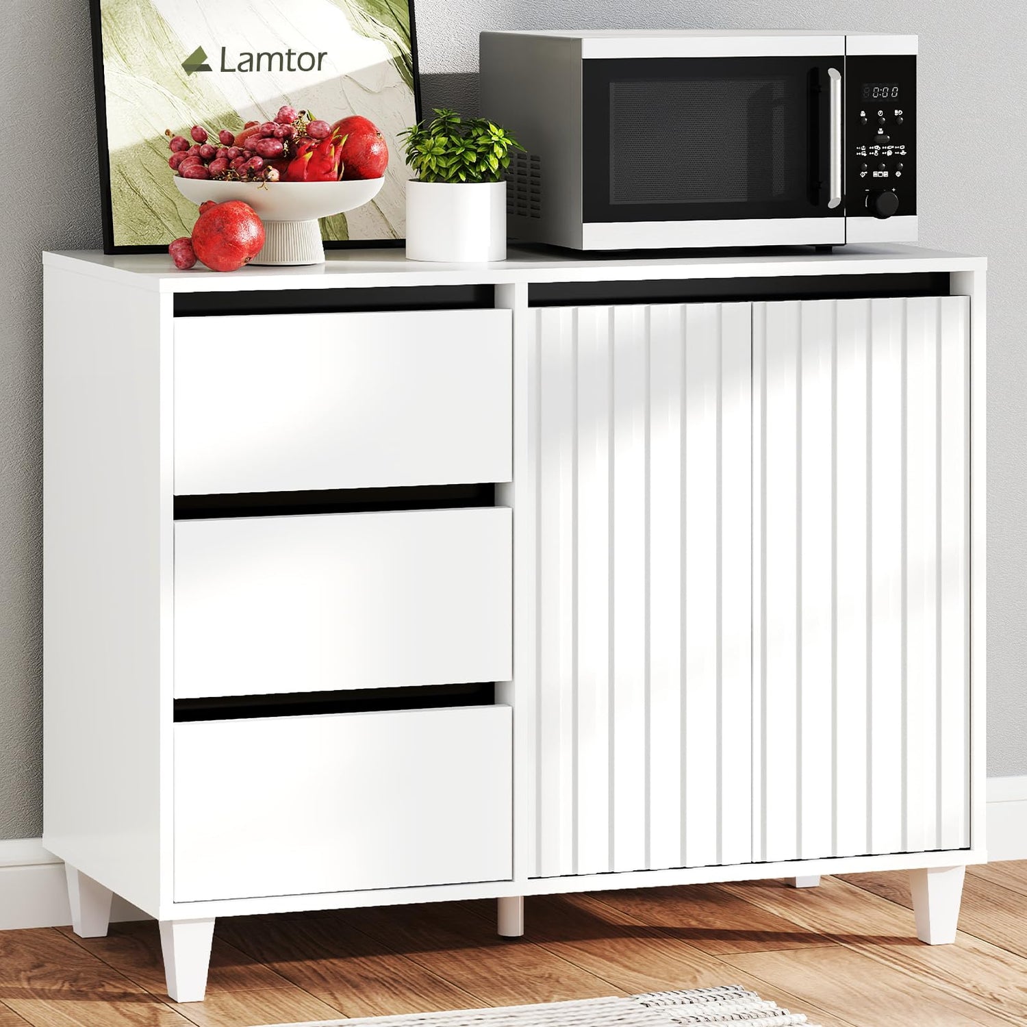 White Fluted Sideboard Buffet Cabinet with Storage