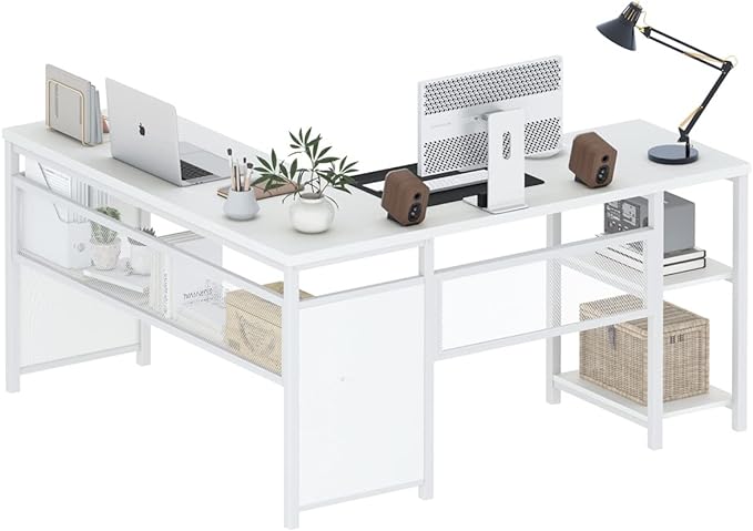 L Shaped Computer Desk, Industrial Office Desk with Shelves