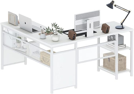 L Shaped Computer Desk, Industrial Office Desk with Shelves