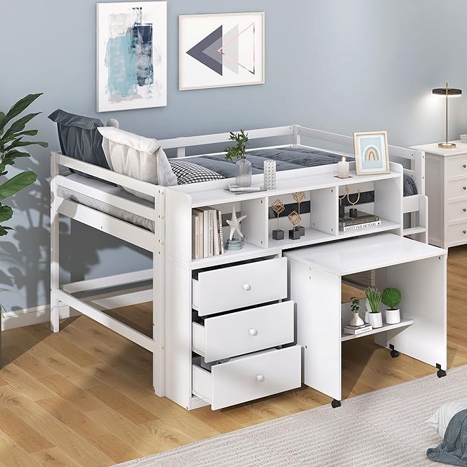 Designs Full Size Loft Bed with Stairs and Storage Drawers