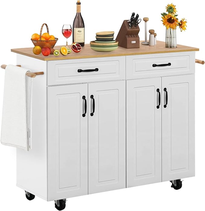 Kitchen Island Cart on Wheels, Rolling Kitchen Island with Storage Cabinets