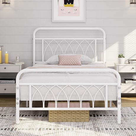 Twin Bed Frame Metal Platform Bed with Petal Accented Headboard/Footboard/14.4 Inch