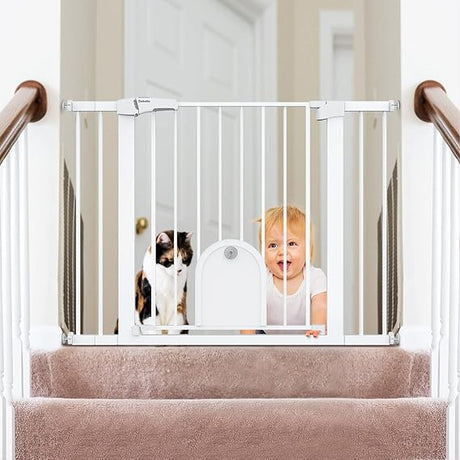 Auto Close Baby Gate with Small Cat Door, 29-43" Metal Cat Gate for Doorway, Stairs