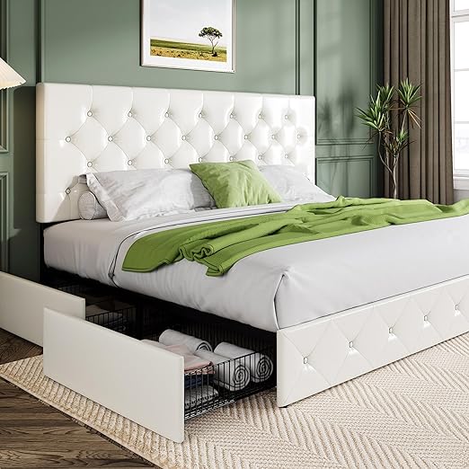 Upholstered King Size Platform Bed Frame with 4 Storage Drawers