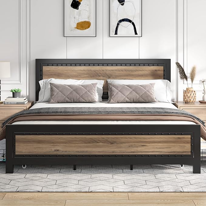 Queen Size Bed Frame with 4 Storage Drawers, Rivet Modern Headboard and Footboard