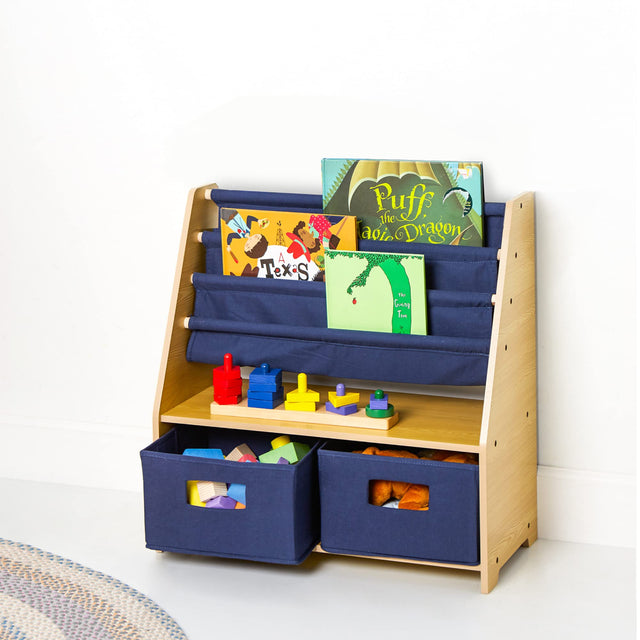 Wooden bookshelf frame with blue fabric shelves