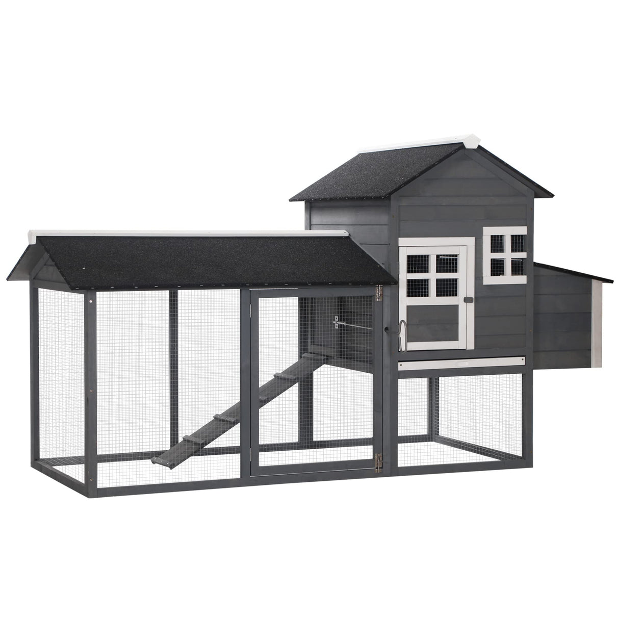Wooden chicken hutch with nesting box, roosting bars, and tray