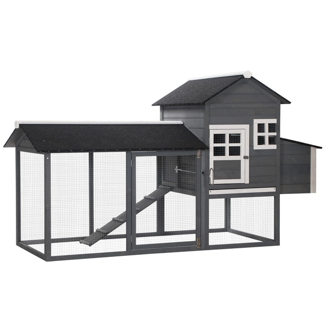 Wooden chicken hutch with nesting box, roosting bars, and tray