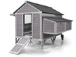 Wooden hen house with asphalt roof and reinforced iron frame