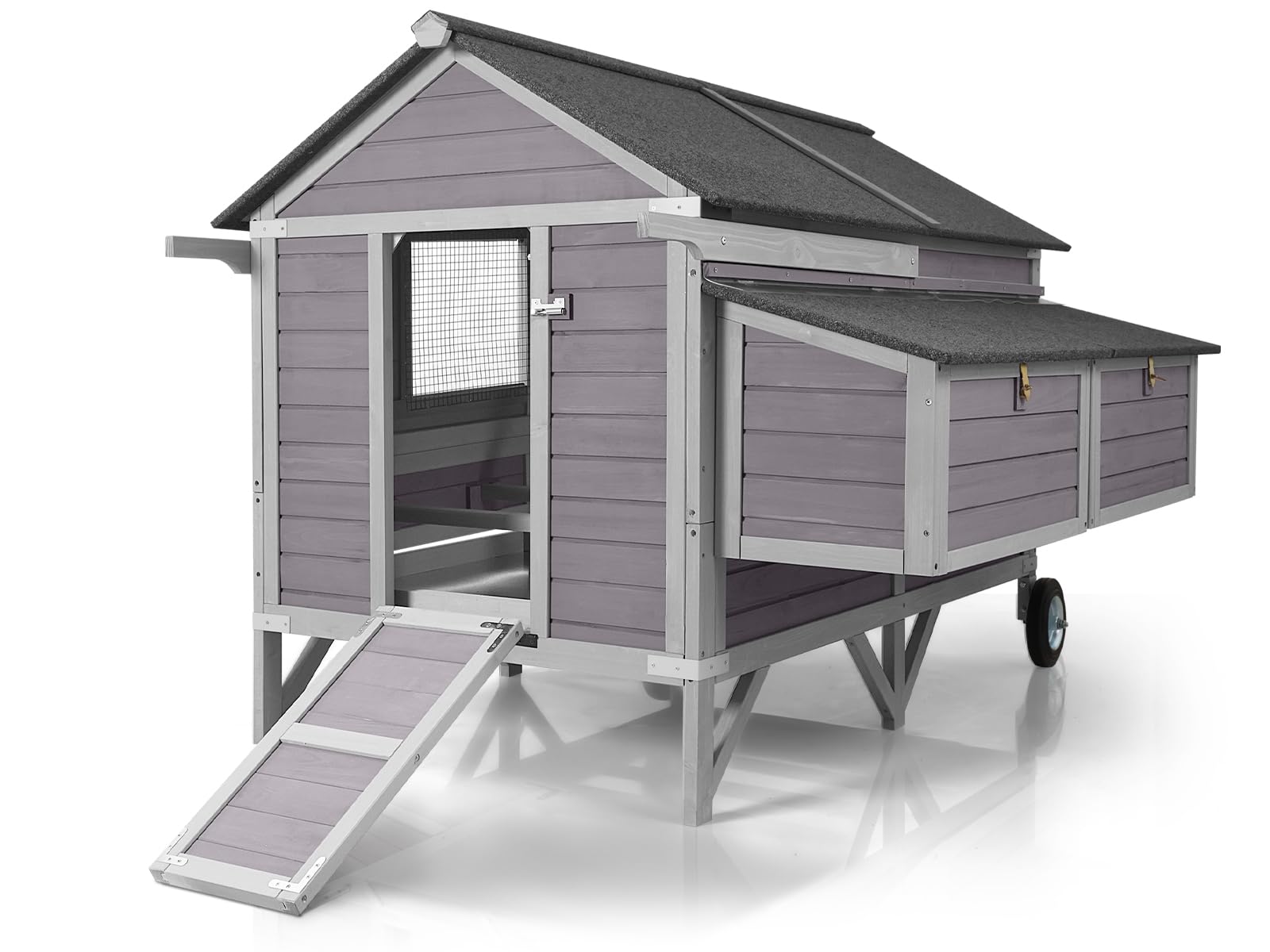 Wooden hen house with asphalt roof and reinforced iron frame