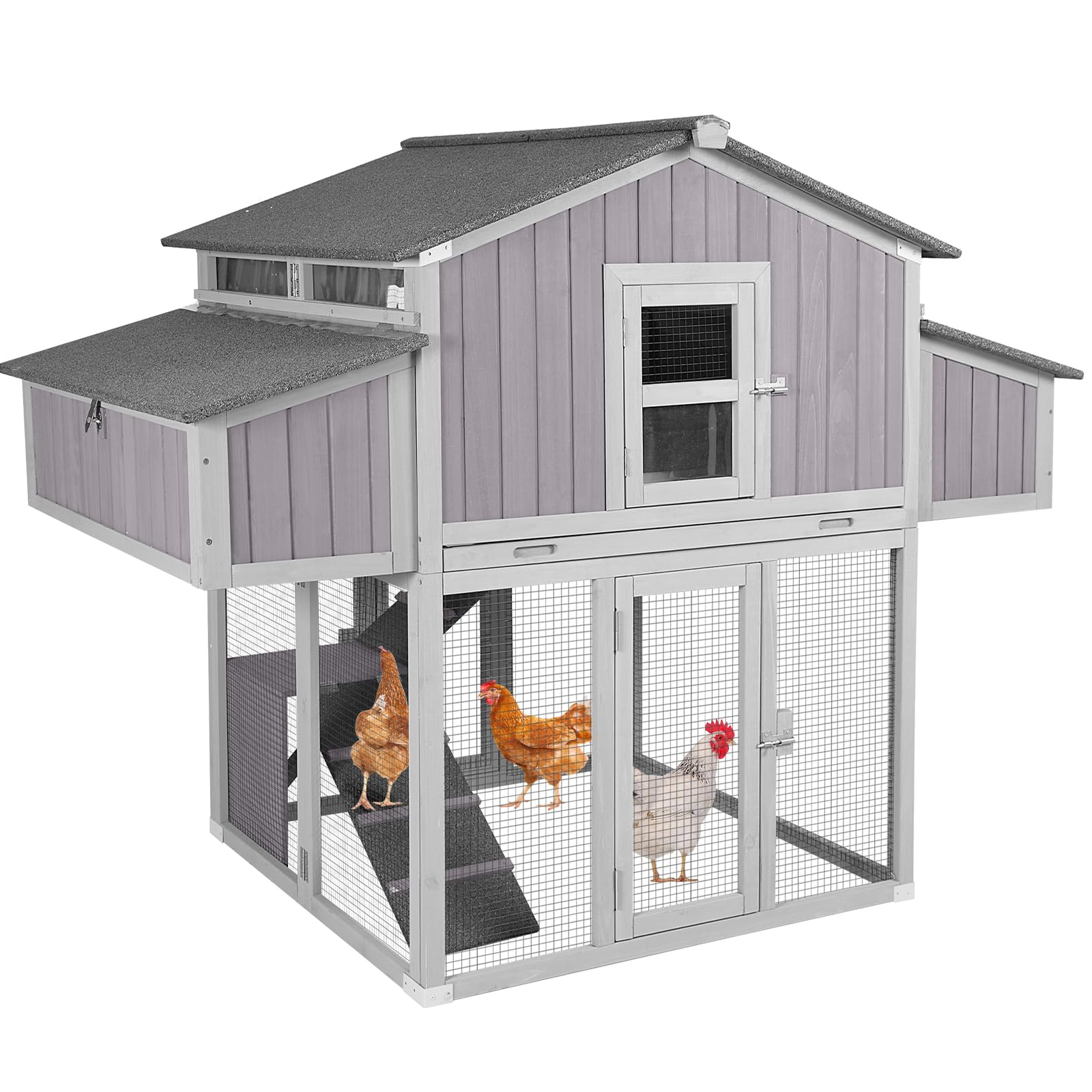 Wooden hen house with four access doors and reinforced frame