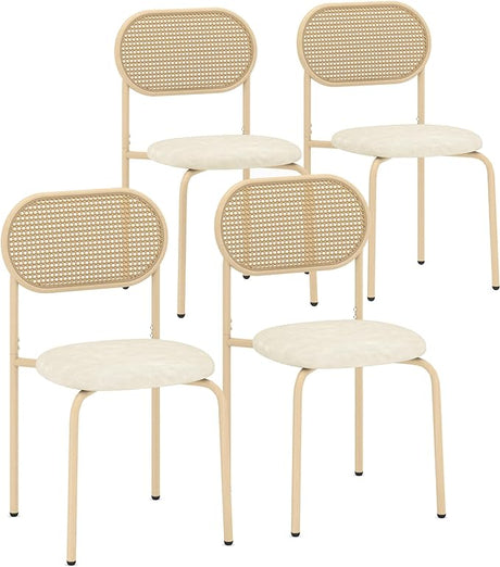 Faux Leather Dining Chairs Set of 4, Modern Rattan Back Chairs