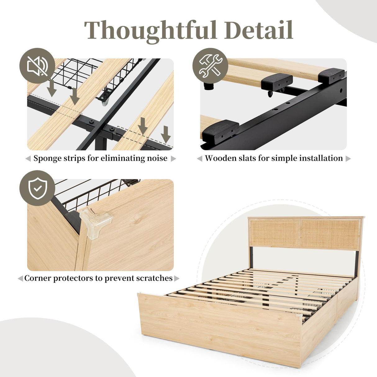 Yechen queen bed frame natural rattan headboard with 4 storage drawers