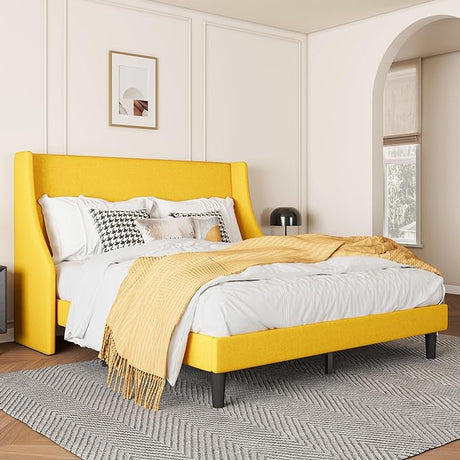 Upholstered Bed Frame Queen Size with Streamlined Wingback Headboard