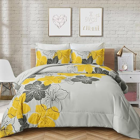 Floral Bed Comforter Set King - Blue Floral Pattern Printed on Grey