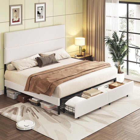 Yumpie Queen Bed Frame with Cream Upholstery Front View