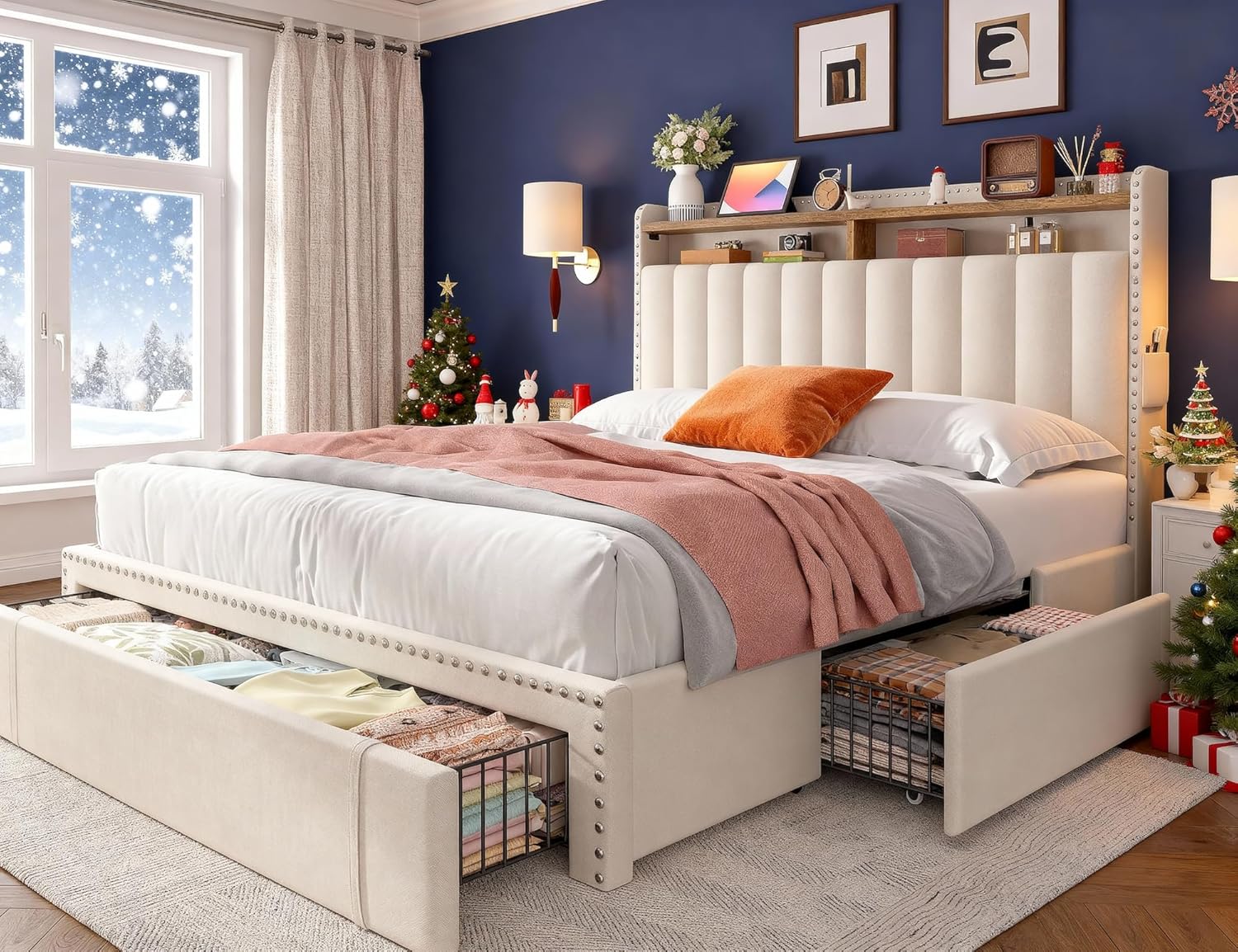 King Size Upholstered Bed Frame with 4 Storage Drawers and Headboard Shelves