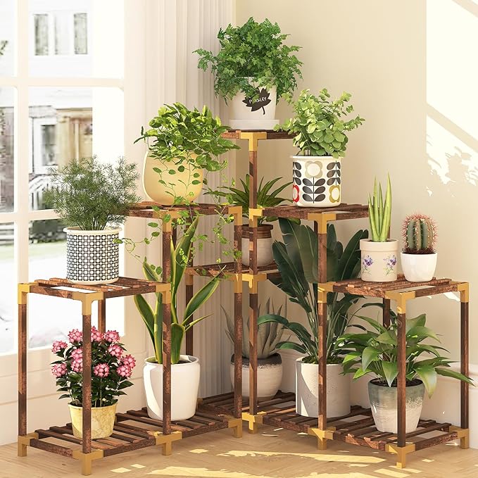 Trapezoid Wooden Plant Stand – Multi Tier Eucalyptus Wood Display Shelf