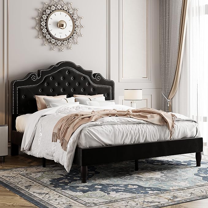 Full Size Bed Frame with Adjustable Tiara Headboard, Upholstered Diamond Button Tufted Bed