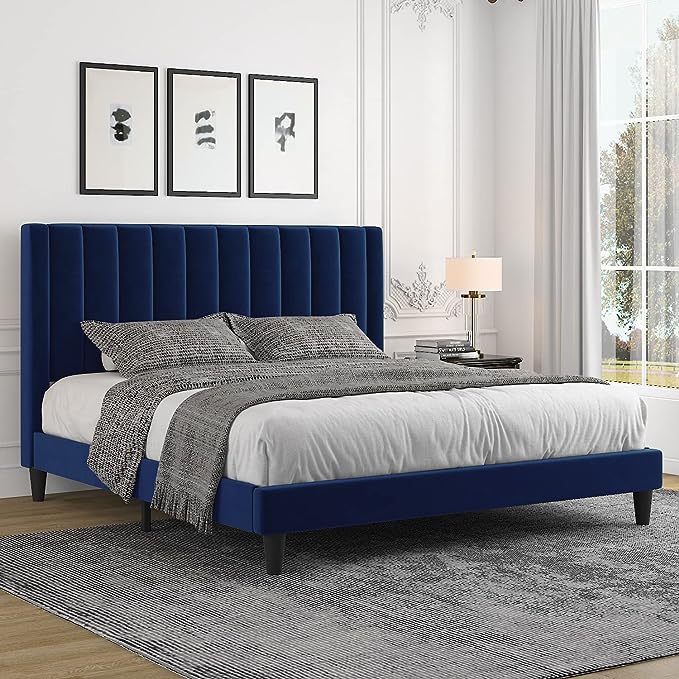 King Bed Frame/Velvet Upholstered Bed Frame with Vertical Channel Tufted Headboard