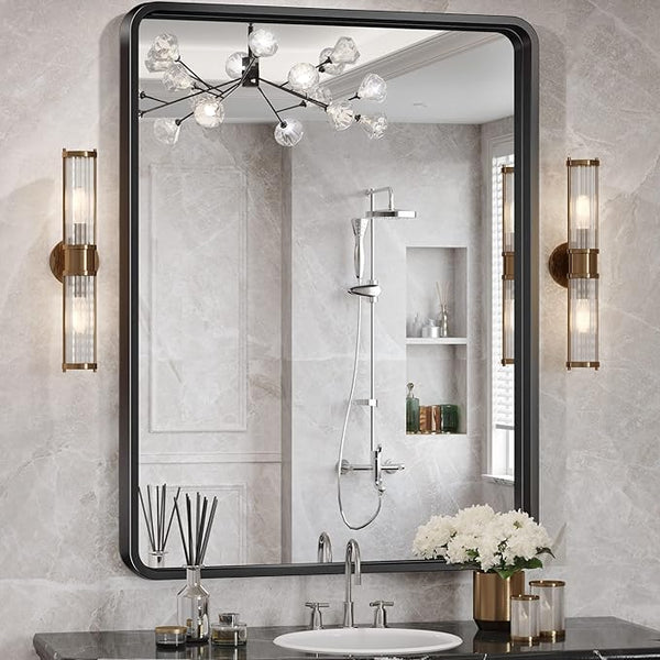 Black Bathroom Mirror for Wall, 24x36 Inch Rectangluar Black Metal Framed Mirror