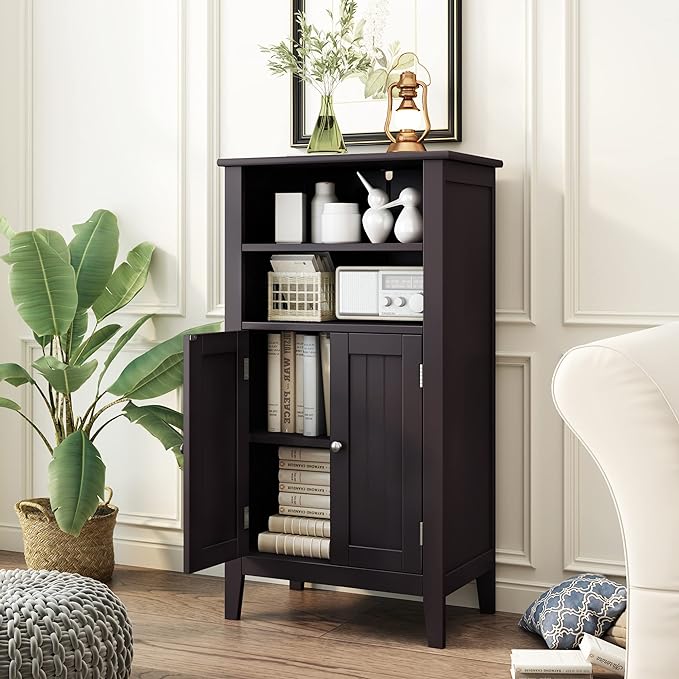 Bathroom Floor Cabinet, Double Door Storage Organizer with Shelves