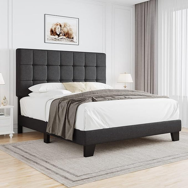Full Size Box Tufted Upholstered Panel Bed with Adjustable Headboard