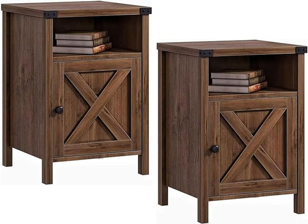 Farmhouse Nightstand, Side Table, Set of 2 End Table with Barn Door and Shelf