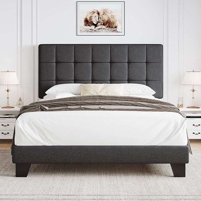 Full Size Box Tufted Upholstered Panel Bed with Adjustable Headboard