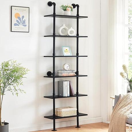 Industrial Bookshelf, 6-Tier Industrial Pipe Bookshelf, Wall Mounted Ladder Shelves