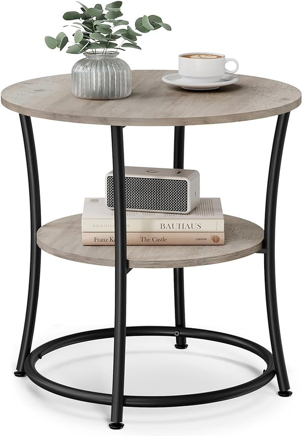 Side Table, Round End Table with 2 Shelves, Living Room