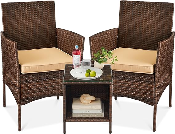 3-Piece Outdoor Wicker Conversation Bistro Set, Space Saving Patio Furniture for Yard