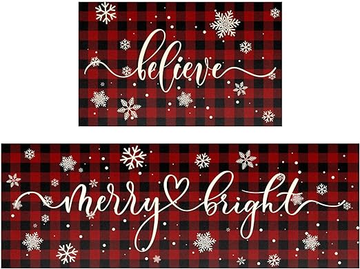Buffalo Plaid Snow Santa Claus Christmas Kitchen Rugs Set of 2, Winter Low-Profile Floor