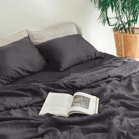 Soft and breathable 100% French flax linen bed set in charcoal.