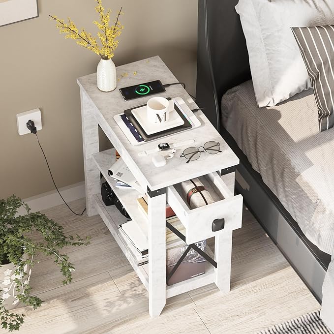 Narrow End Table with Charging Station Farmhouse End Table