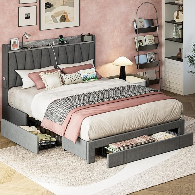 Full Size Bed Frame with 3 Drawers, Upholstered Platform Bed with Storage Headboard