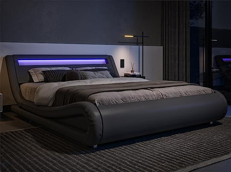 King Size LED Platform Bed Frame with Adjustable Headboard