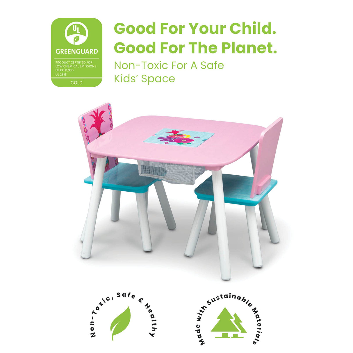 Kids art table with storage and 2 chairs , Non-toxic, eco-friendly Trolls World Tour design, perfect for safe and creative play.