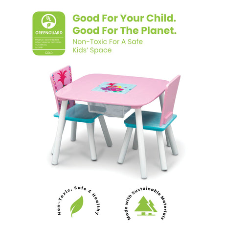 Kids art table with storage and 2 chairs , Non-toxic, eco-friendly Trolls World Tour design, perfect for safe and creative play.
