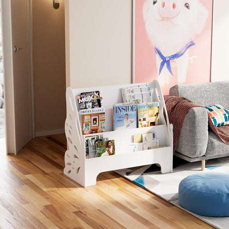 White butterfly kids bookshelf with 3-tier storage for books and toys, perfect for nurseries, playrooms, and children's bedrooms.