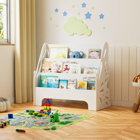 Kids' playroom with a white butterfly bookshelf, showcasing a clutter-free space by neatly storing books and toys.