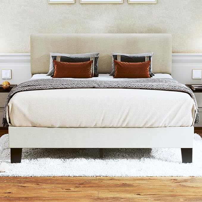 King bed frame available in grey, beige, and light grey upholstery