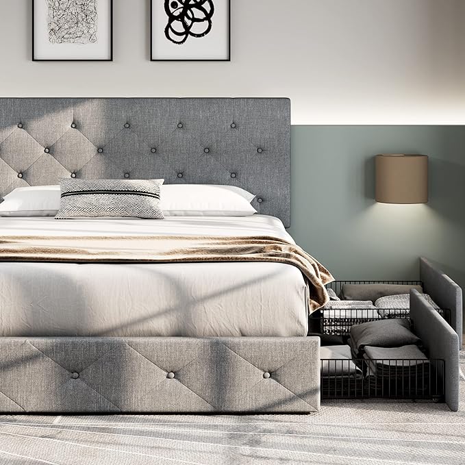 Full Upholstered Storage Bed Frame with 4 Drawers & Adjustable Headboard