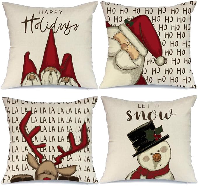 Christmas Decorative Pillow Covers 18 x 18 Inch Set of 4, Buffalo Plaid Santa Claus Snowman